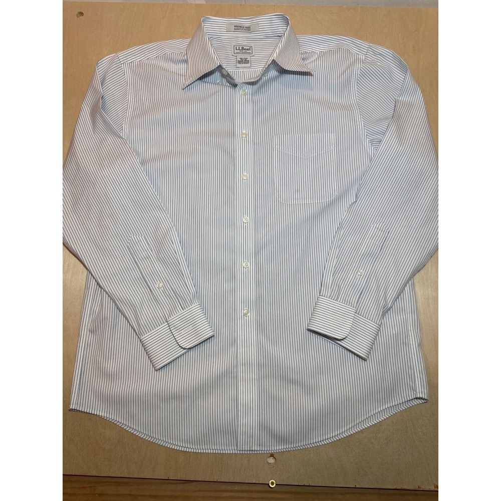 LL Bean Mens 15.5 x 32 Blue White Stripe Wrinkle Free Cotton Dress Shirt 278348